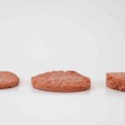 Drei rohe vegane Burger-Patties von Die Pflanzerei LOTTI nebeneinander auf weißem Hintergrund – pflanzlicher Fleischersatz zum Grillen.